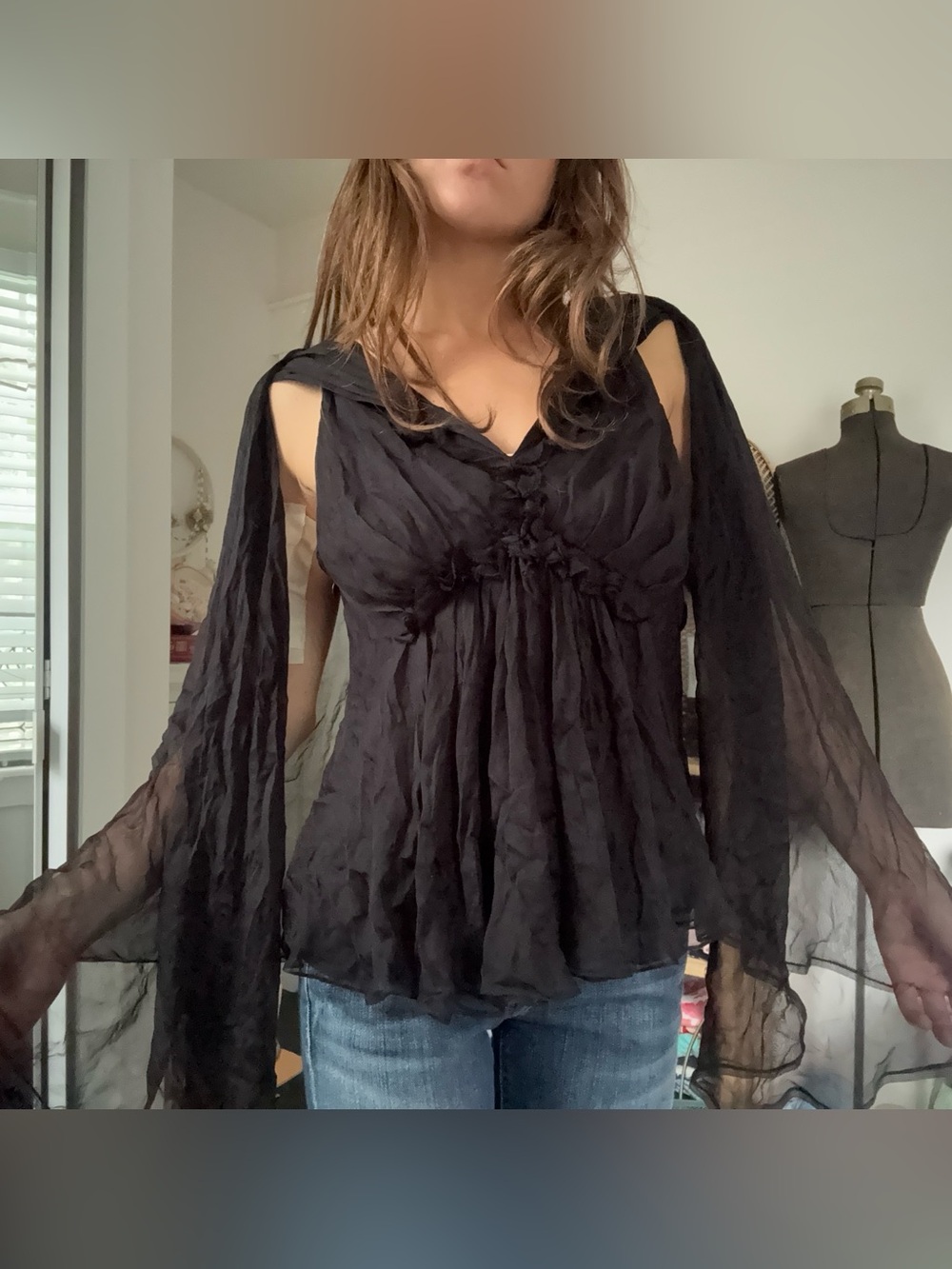 Leon Max 100% Silk Black Cape Back Sheer Blouse Size L Romantic Goth fairy Crepe